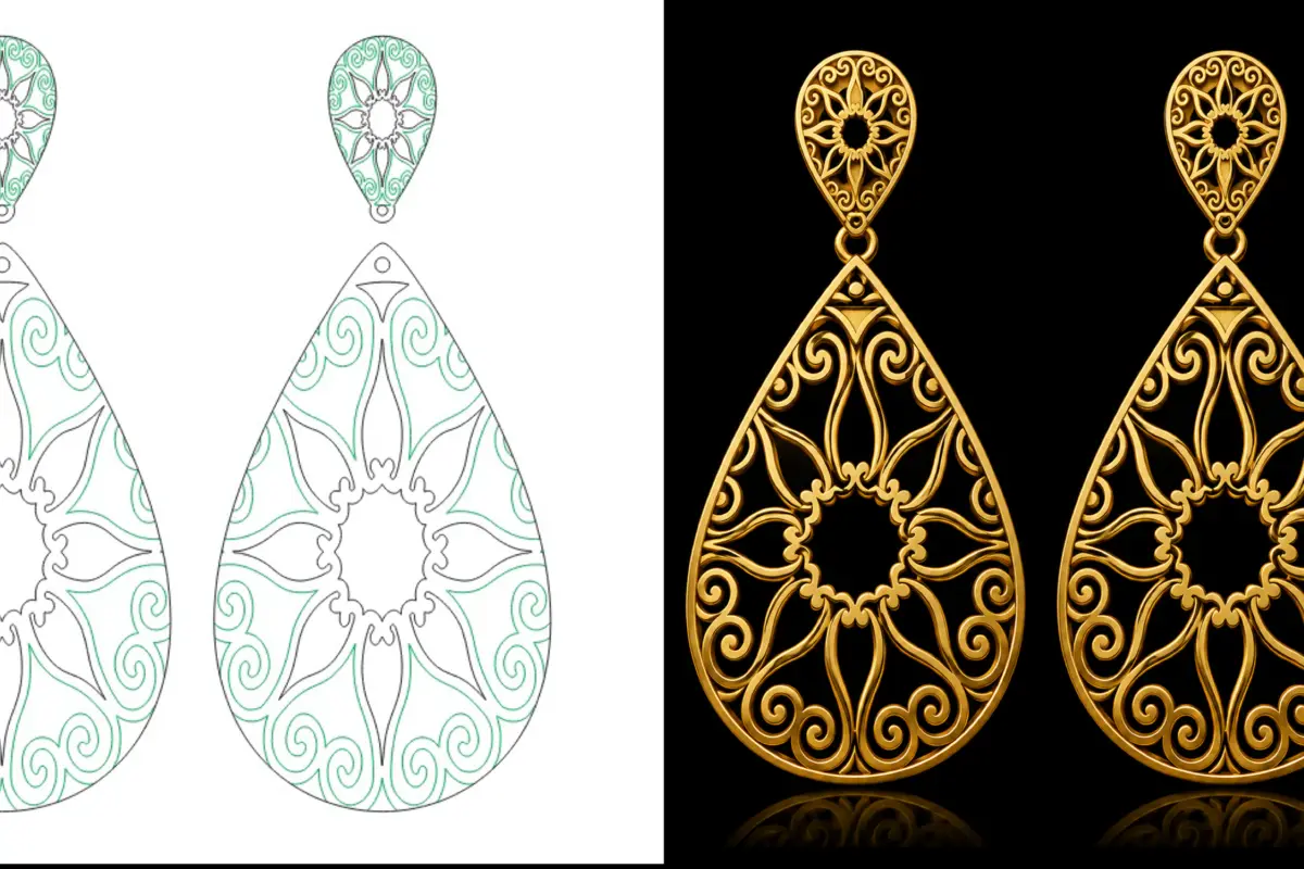 Brinco longo com arabescos ornamentais