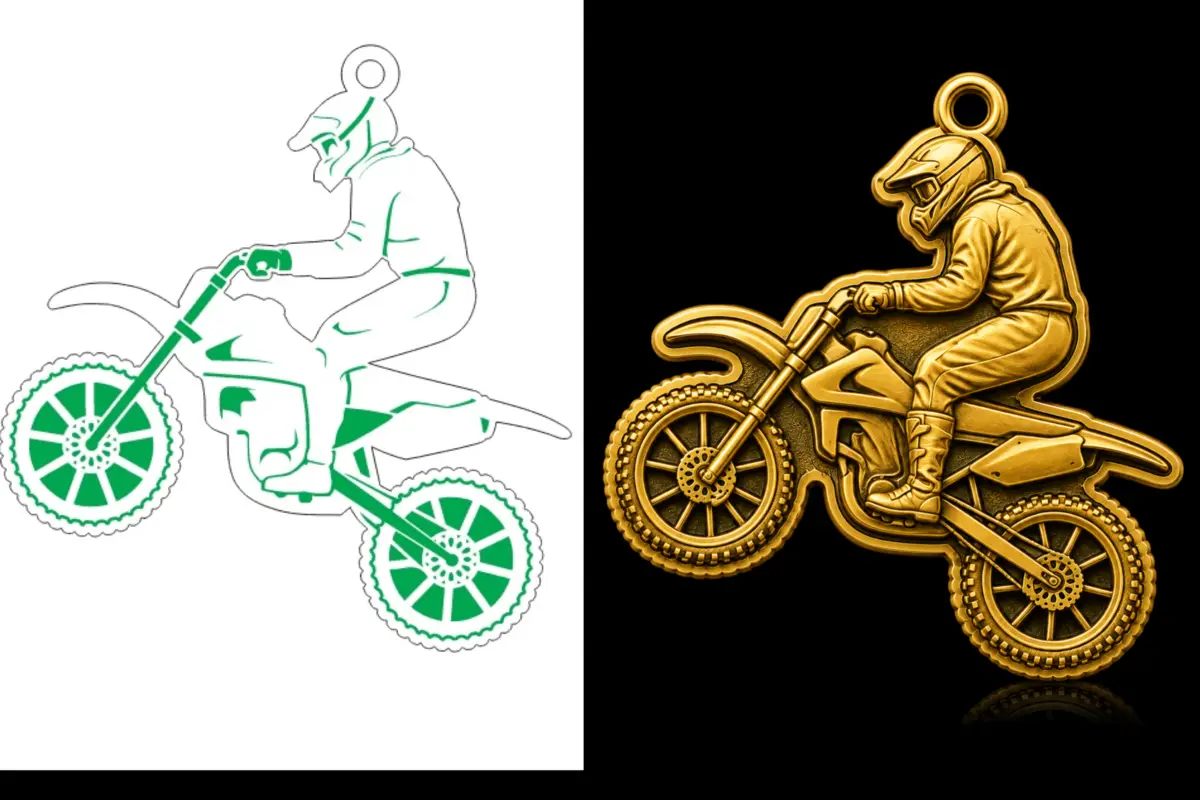 Pingente de motociclista em uma moto